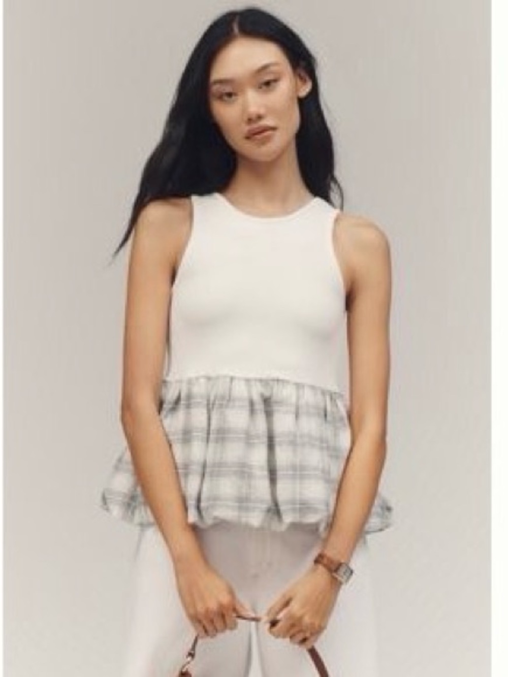 Anthropology Maeve White Tank with Gray Plaid Ruffle Hem